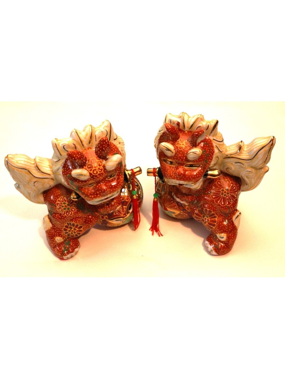 PORCELAIN FOO DOGS Vibrant Royal Red and Gold with Swords- China